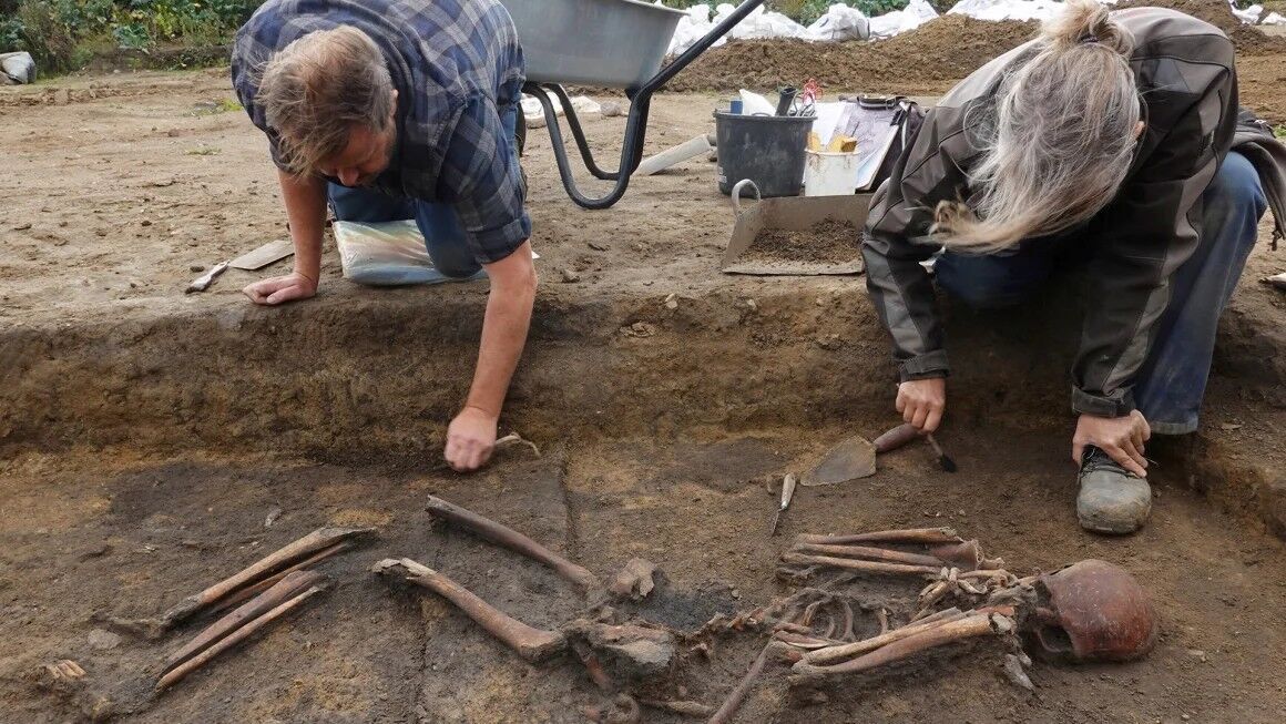 Archaeologists excavate skeletons in a pit at the Viking-age burial site in the village of Asum, Denmark