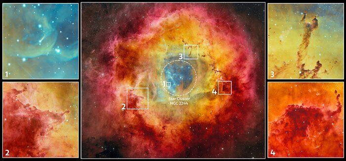 This excerpt shows some of the interesting features of the Rosette Nebula