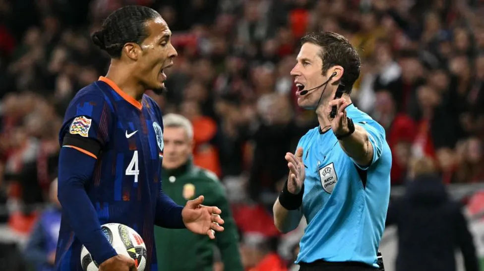 Virgil van Dijk was shown the first red card of his international career