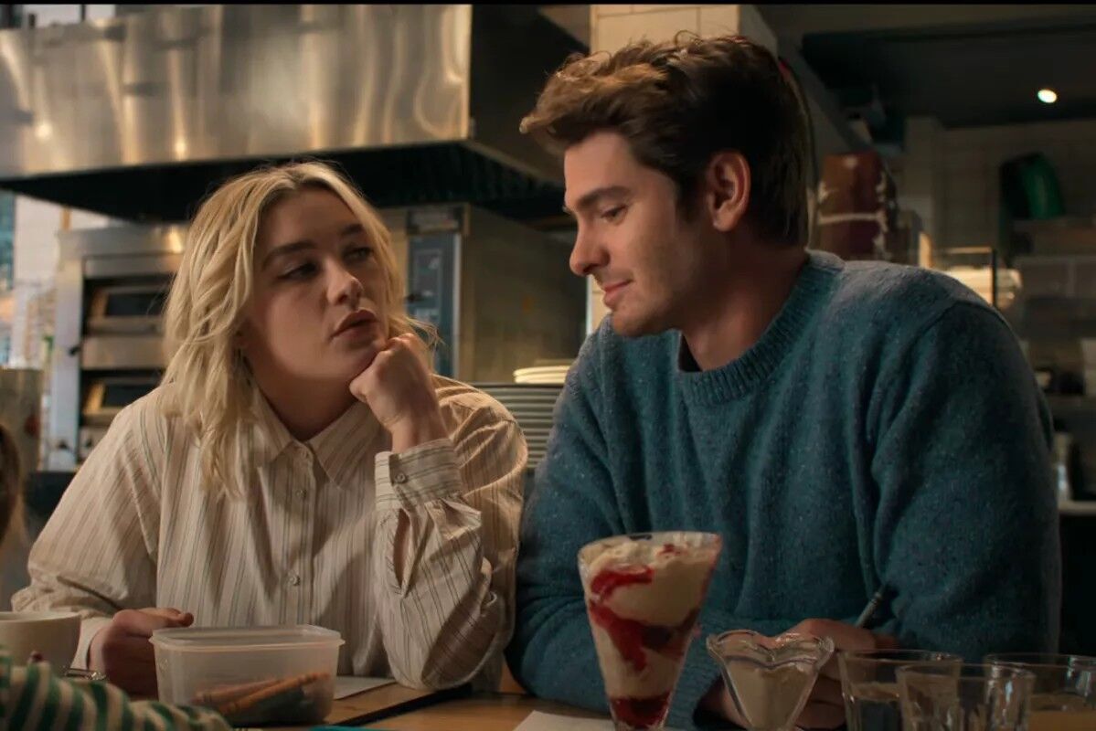 Florence Pugh and Andrew Garfield in a 'We Live in Time' scene.