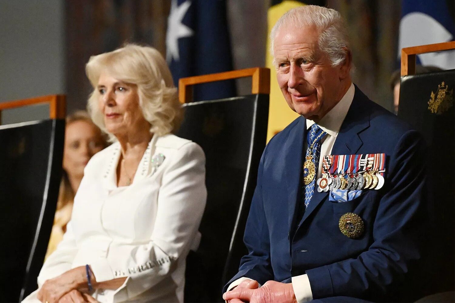 Queen Camilla and King Charles at the ceremonial welcome at Australia's Parliament House, Canberra, on Oct. 21, 2024