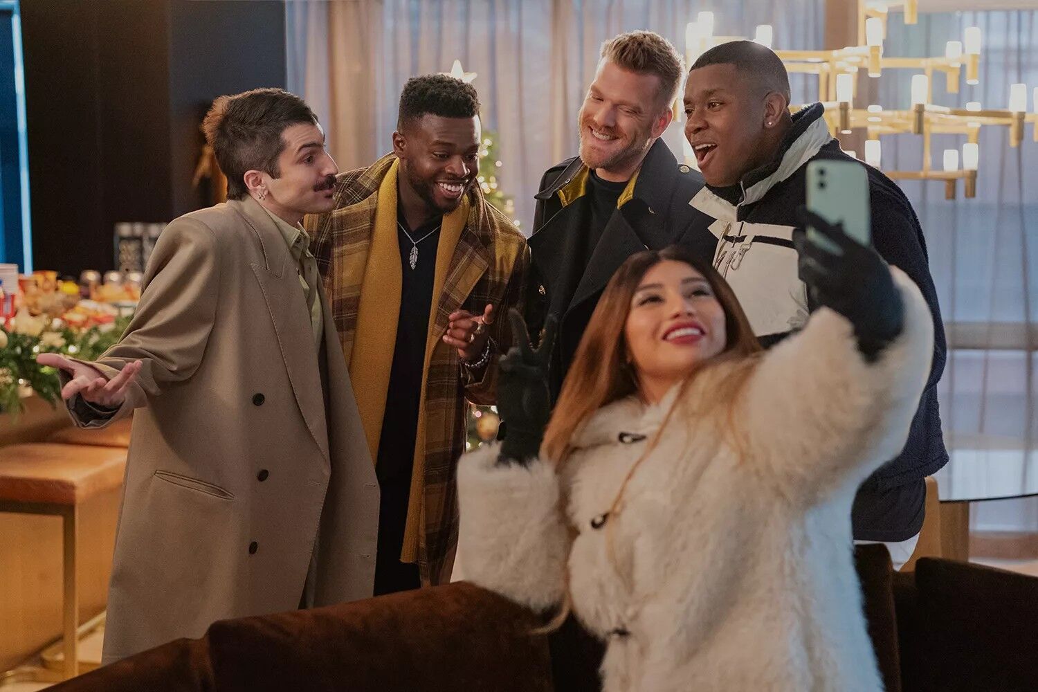 Mitch Grassi, Kevin Olusola, Scott Hoying, Matt Sallee and Kirstin Maldonado of Pentatonix in "Meet Me Next Christmas"