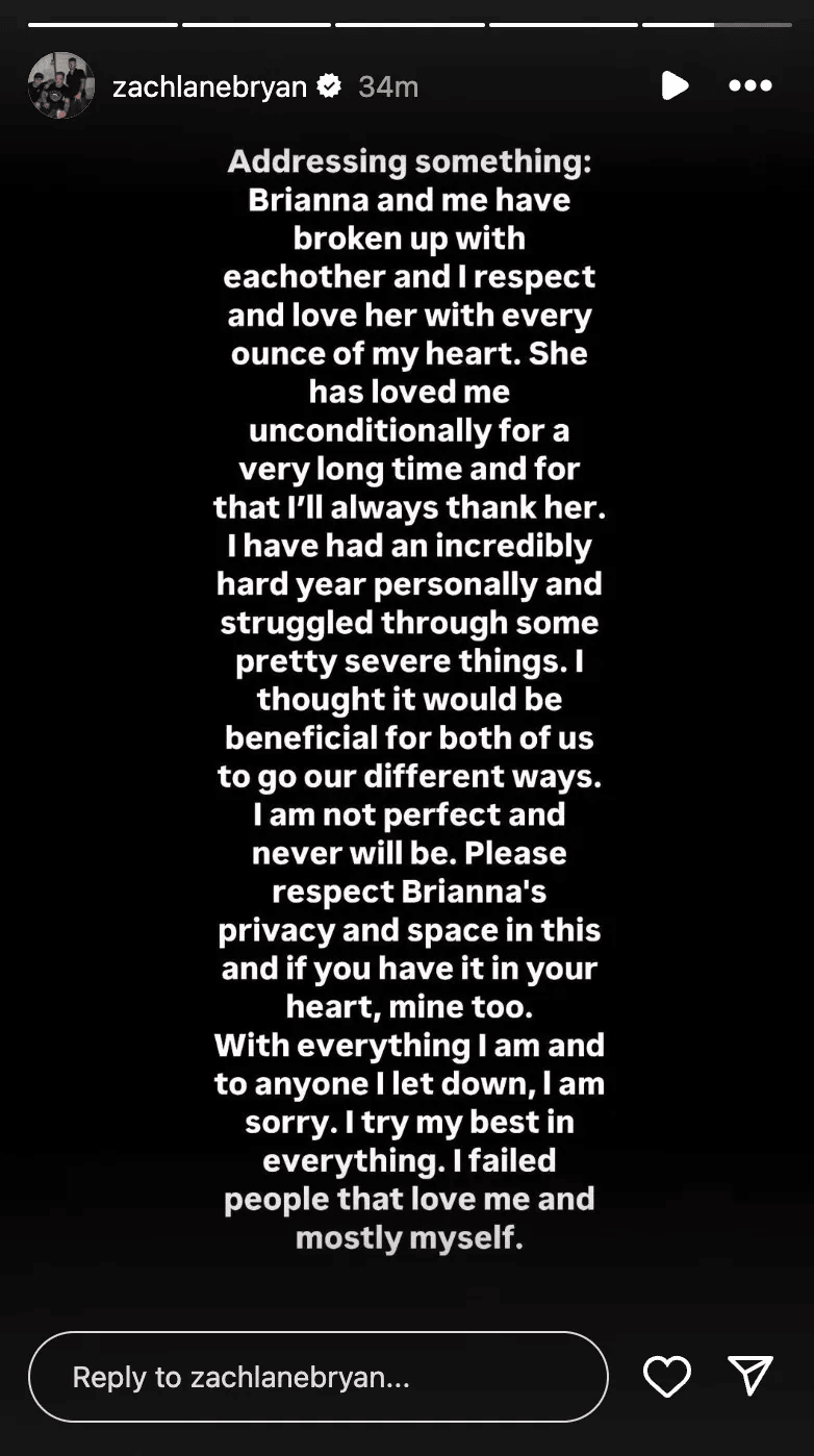 Zach Bryan posts note on Instagram Story