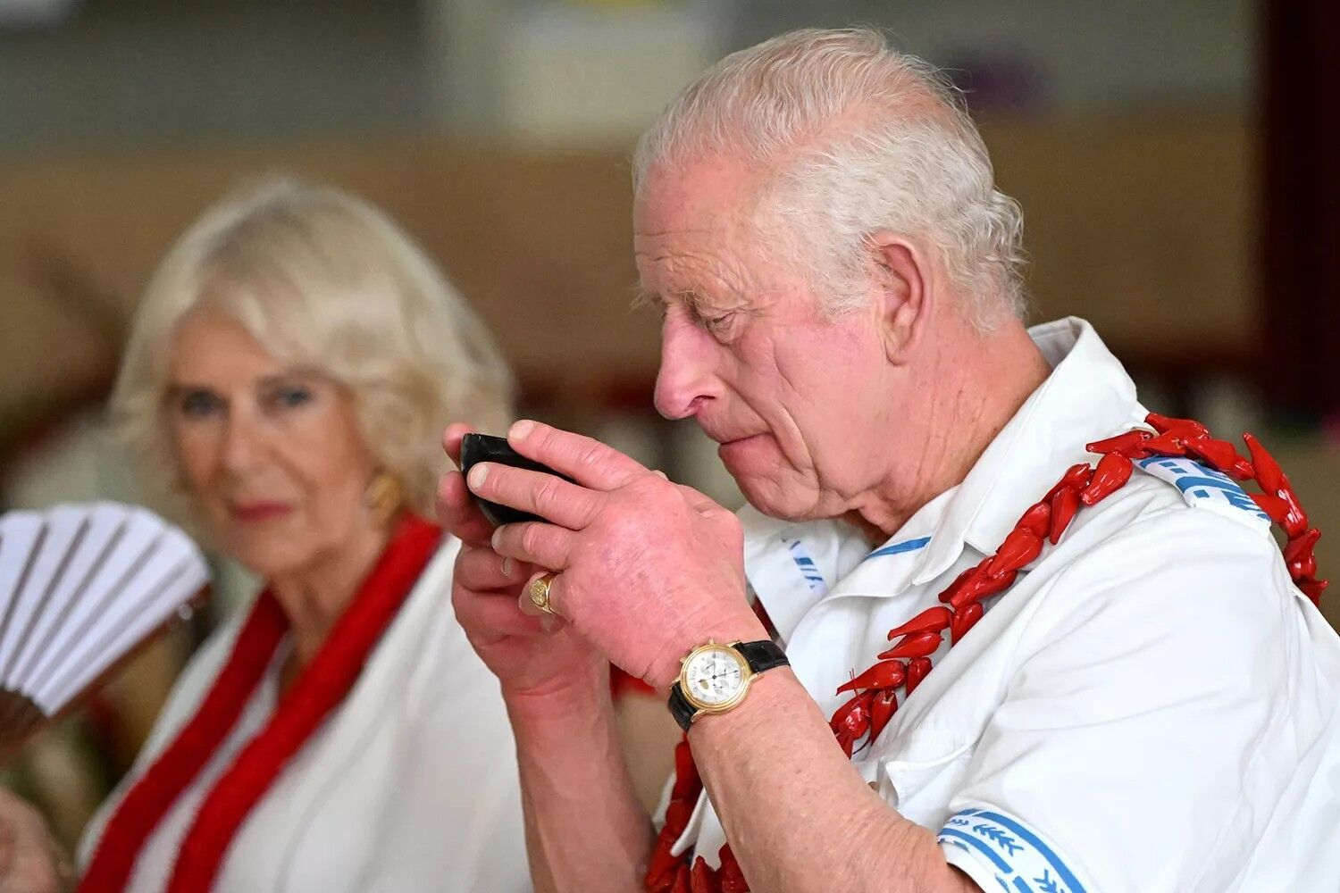 King Charles and Queen Camilla at the 'ava ceremony in Apia, Samoa, on Oct. 24, 2024