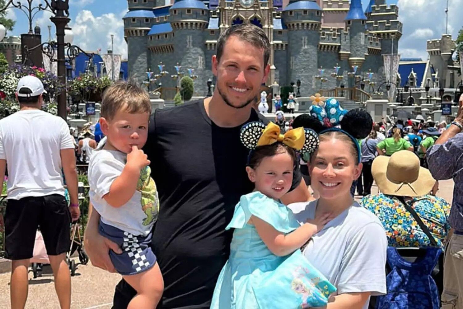 Shawn Johnson with her husband Andrew East and their kids, daughter Drew Hazel East and son Jett James East, at Disney.