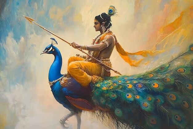 Hindu God riding a peacock