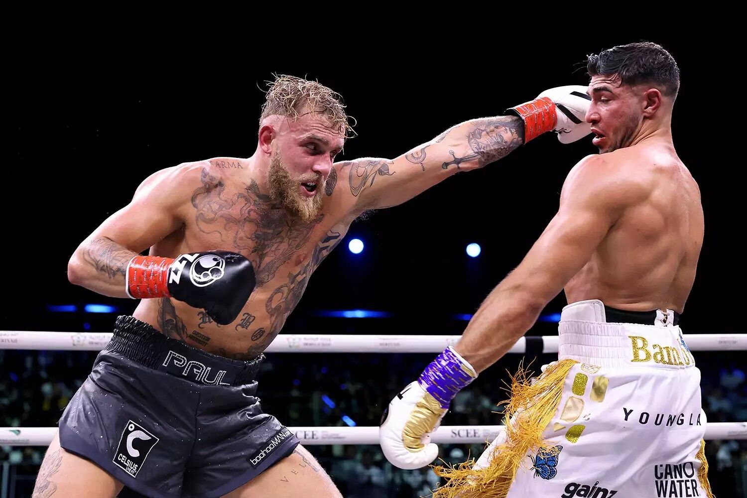 Jake Paul attempts to punch Tommy Fury during the Cruiserweight Title fight on Feb. 26, 2023.