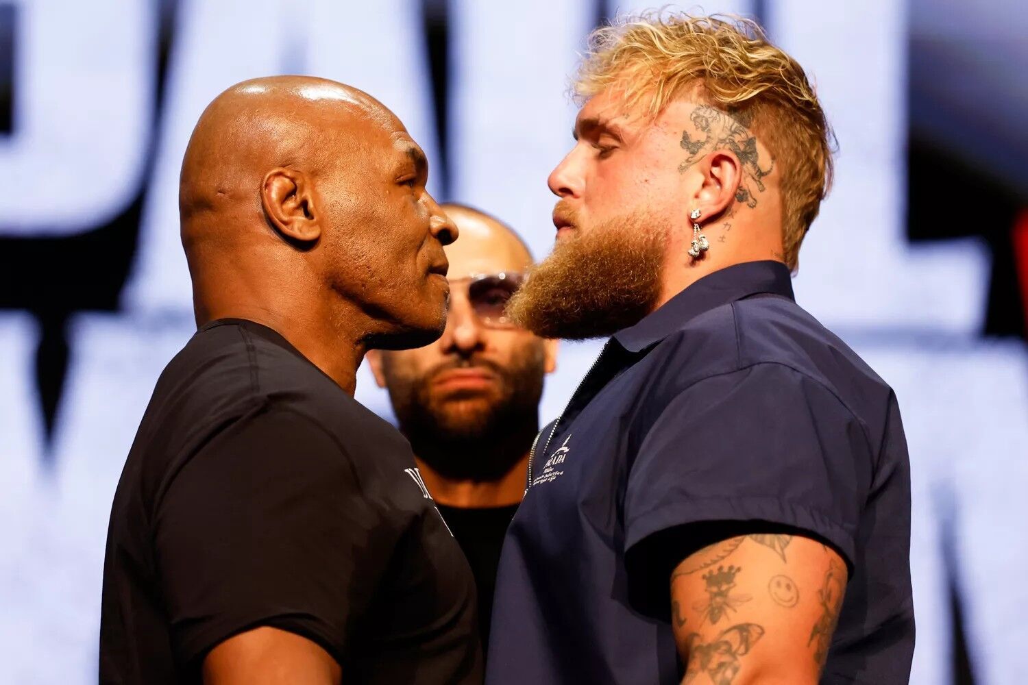 Mike Tyson and Jake Paul at the press conference for their fight on May 13, 2024 in New York City.