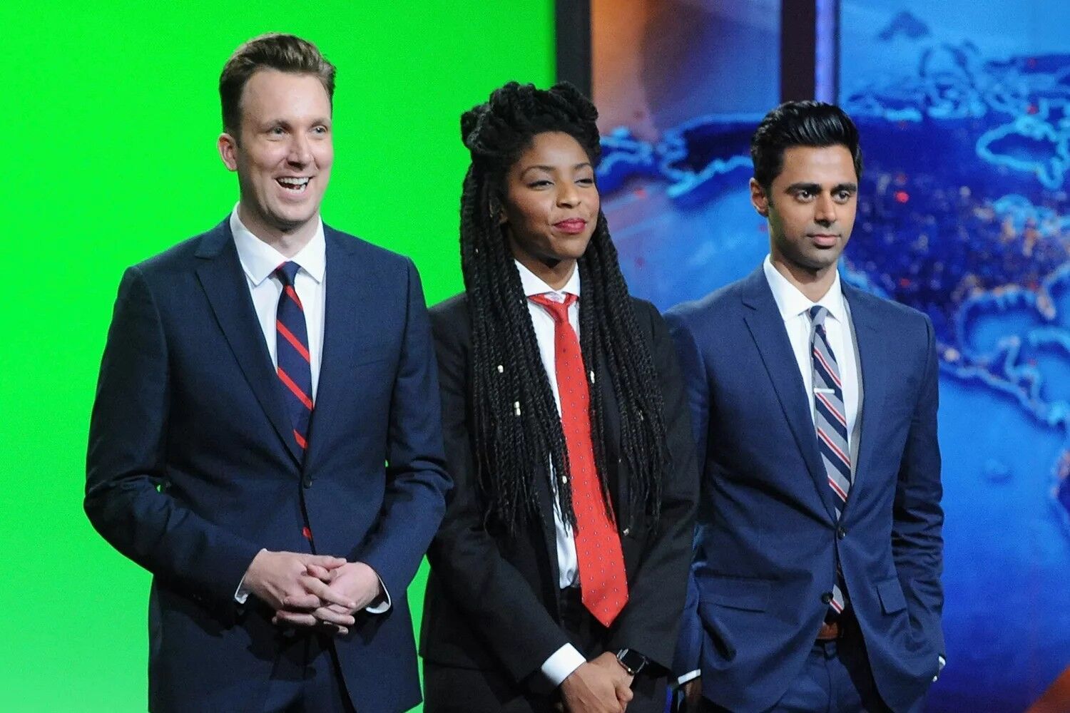 Jordan Klepper, Jessica Williams and Hasan Minhaj on "The Daily Show with Jon Stewart"on August 6, 2015 in New York City