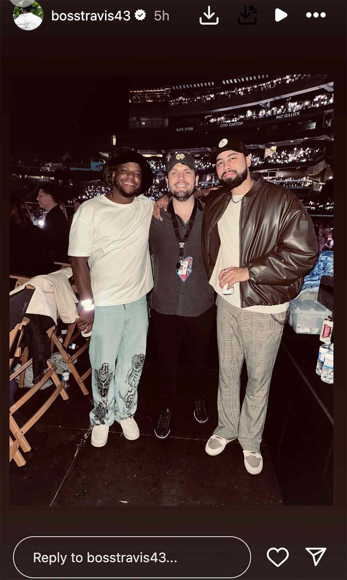 Taylor Swift's brother poses with Travis Kelce's friends at her Eras Tour show on Nov. 16.