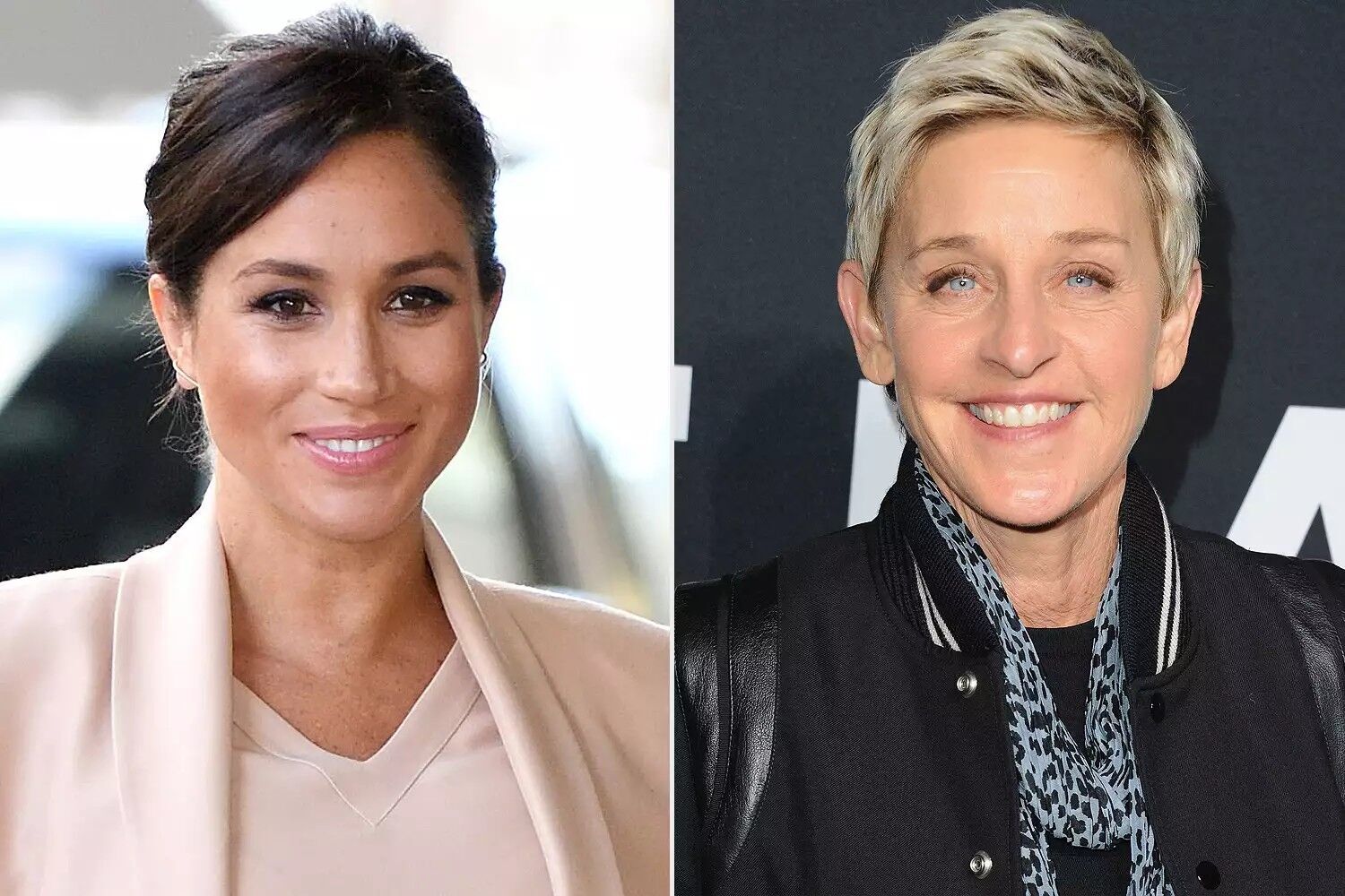 Meghan, Duchess of Sussex visits The National Theatre on Jan. 30, 2019 in London, England and Ellen DeGeneres arrives at SAINT LAURENT At The Palladium at Hollywood Palladium on Feb. 10, 2016 in Los Angeles, California.