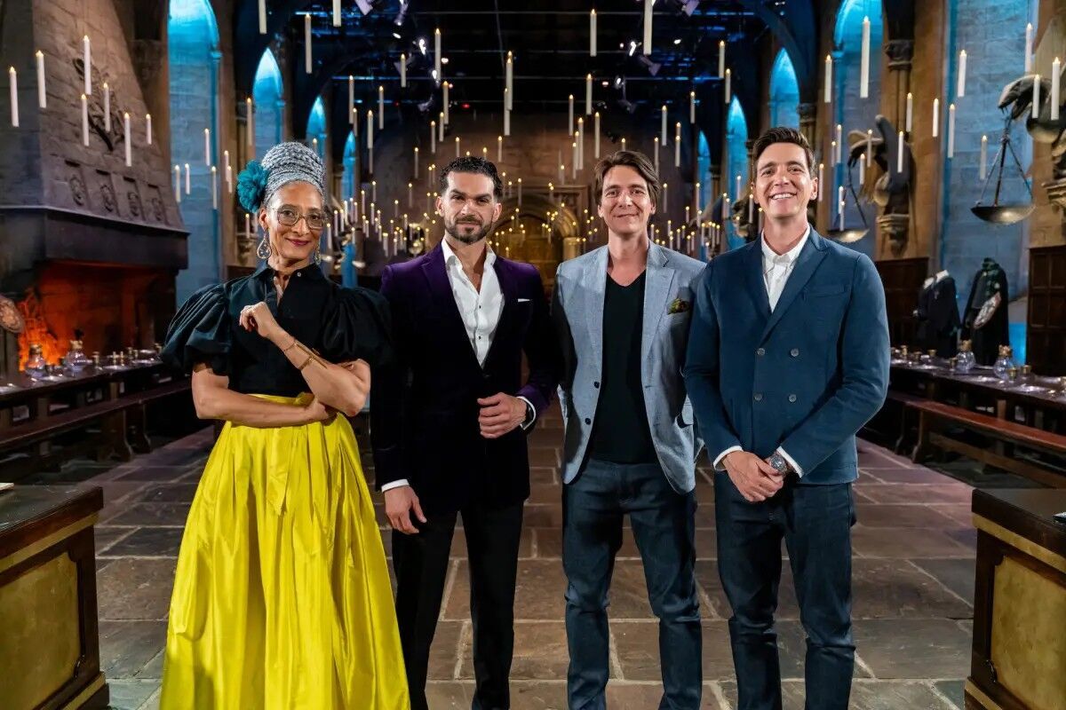 Judges Carla Hall and Jozef Youssef with hosts James and Oliver Phelps.