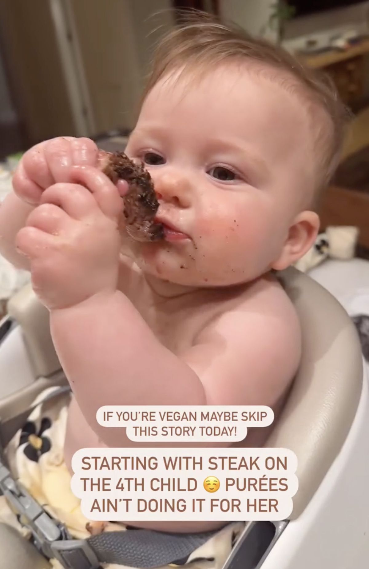 Hilary Duff's daughter Townes eats steak at seven months.