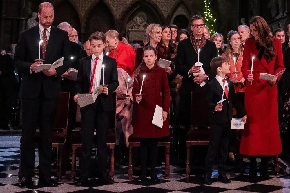 The prince of Wales, Prince George, Princess Charlotte, Prince Louis and Catherine, Princess of Wales during the ‘Together At Christmas’ Carol Service at Westminster Abbey on December 6, 2024 in London, England