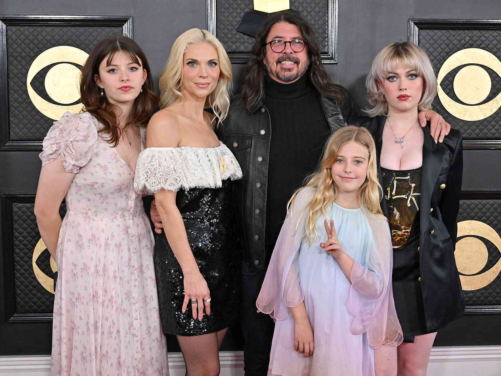 Harper Grohl, Jordyn Blum, Dave Grohl, Ophelia Grohl, and Violet Grohl attend the 65th GRAMMY Awards at Crypto.com Arena on February 05, 2023.