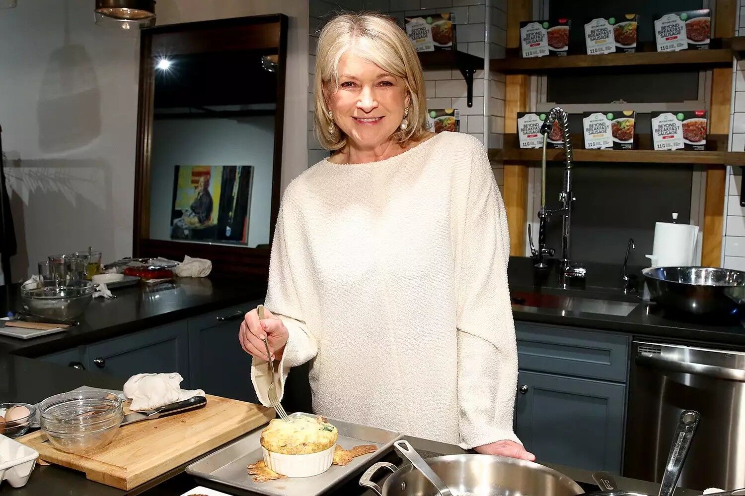 Martha Stewart prepares the classic beyond breakfast sausage with spinach and sweet onion frittata on March 10, 2020 in New York City.