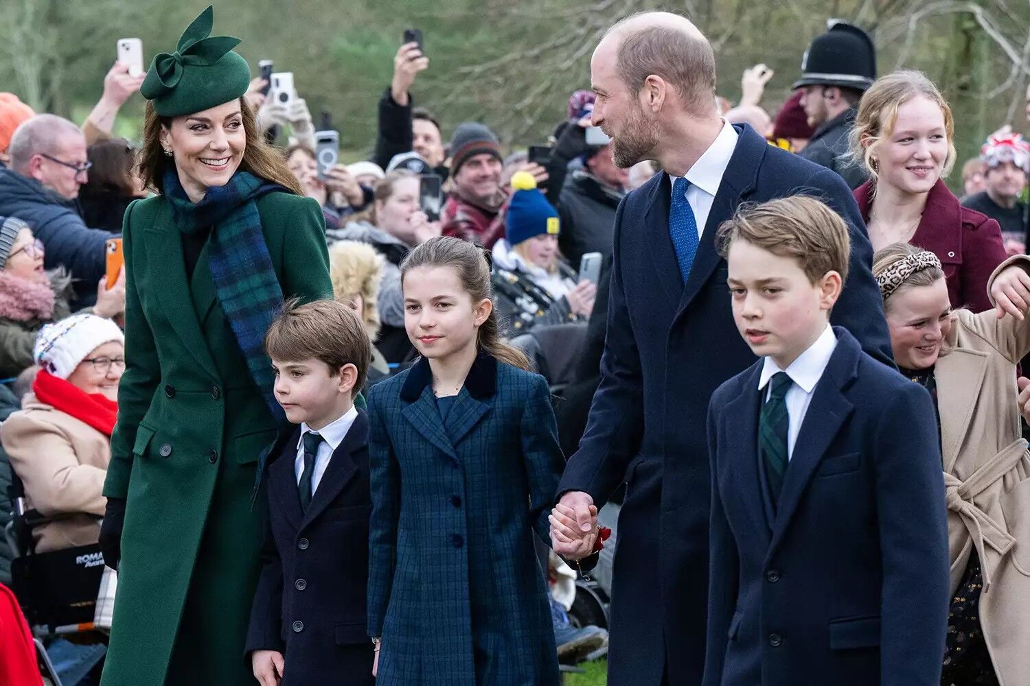 Kate Middleton, Princess of Wales and Prince William with children, Prince Louis, Princess Charlotte and Prince George in Sandringham, Norfolk, on Dec. 25, 2024.