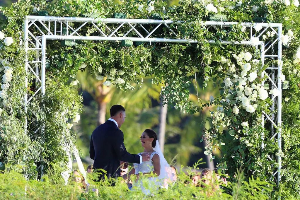 Samantha Bracksieck is smiling on her wedding day to Aaron Judge