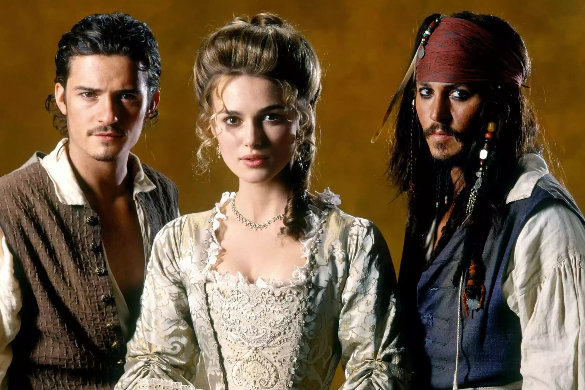 From Left: Orlando Bloom as Will Turner, Keira Knightley as Elizabeth Swann and Johnny Depp as Captain Jack Sparrow on 'Pirates of the Caribbean'.