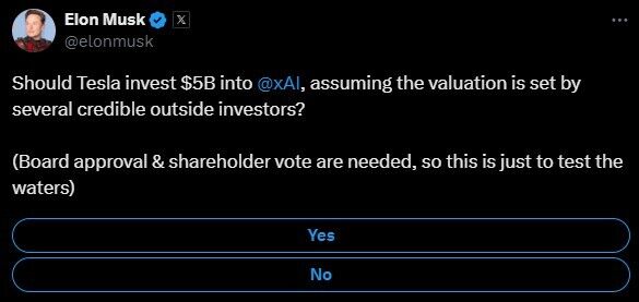 Elon Musk launches poll asking if Tesla should invest $5 billion in xAI