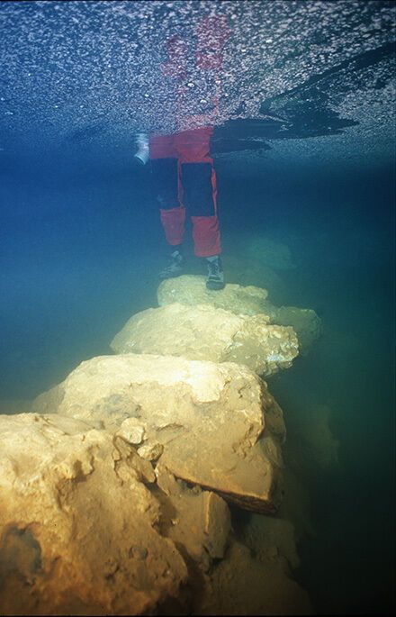 Close-up view of the submerged stone bridge from Genovesa Cave, Mallorca, Spain