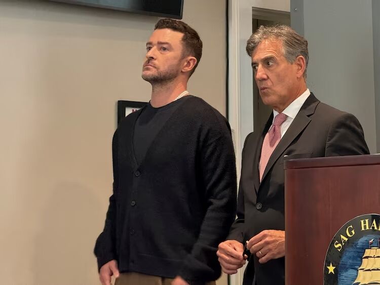 Singer Justin Timberlake appears with his lawyer Edward Burke at a hearing related to a DWI arrest in the Sag Harbor Village Court in Sag Harbor, Sept. 13, 2024.