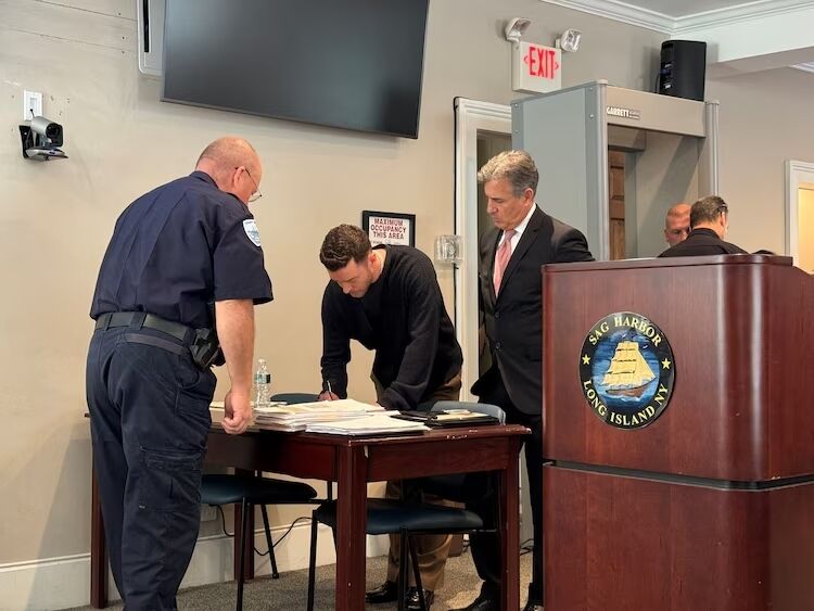 Singer Justin Timberlake appears with his lawyer Edward Burke at a hearing related to a DWI arrest in the Sag Harbor Village Court in Sag Harbor, Sept. 13, 2024.