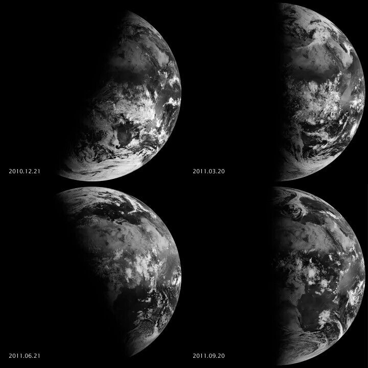 A satellite view of Earth on the solstices (left) and equinoxes (right).