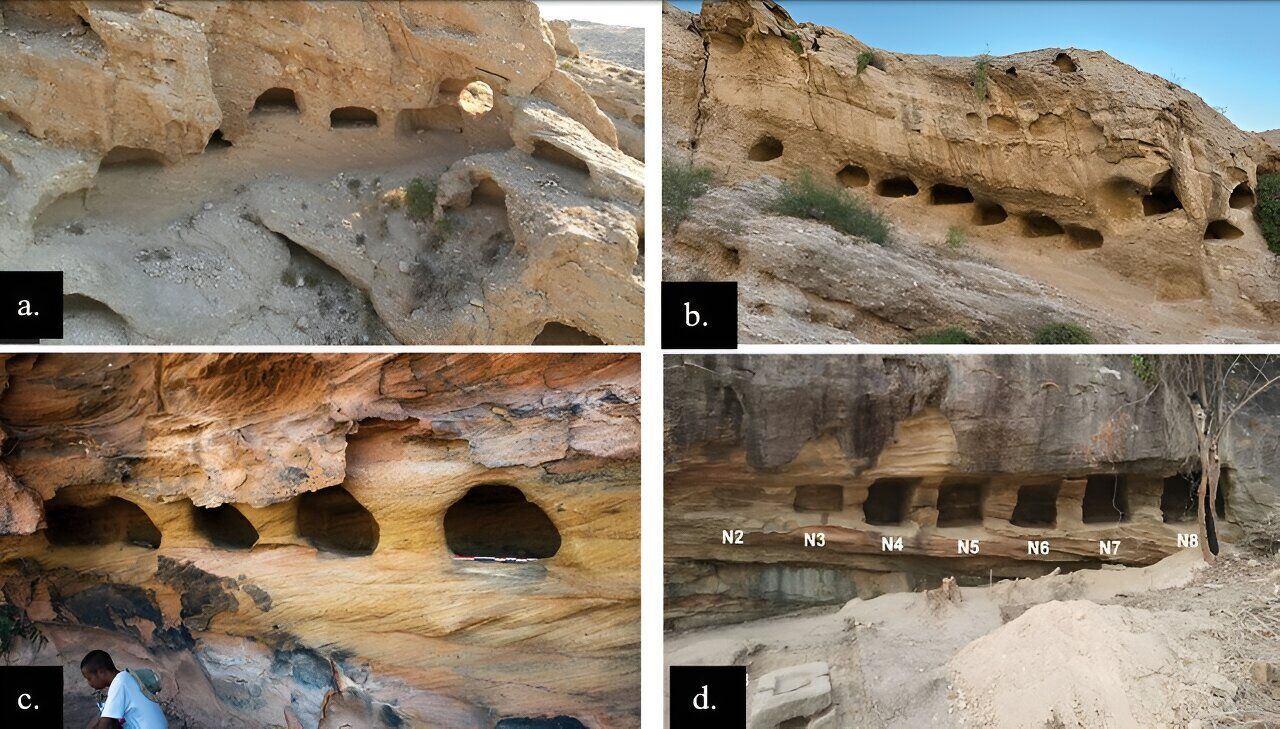 Pictures of rock cut niches in the hills north of Sirāf, Iran (a-b) and Teniky, Madagascar (c-d)