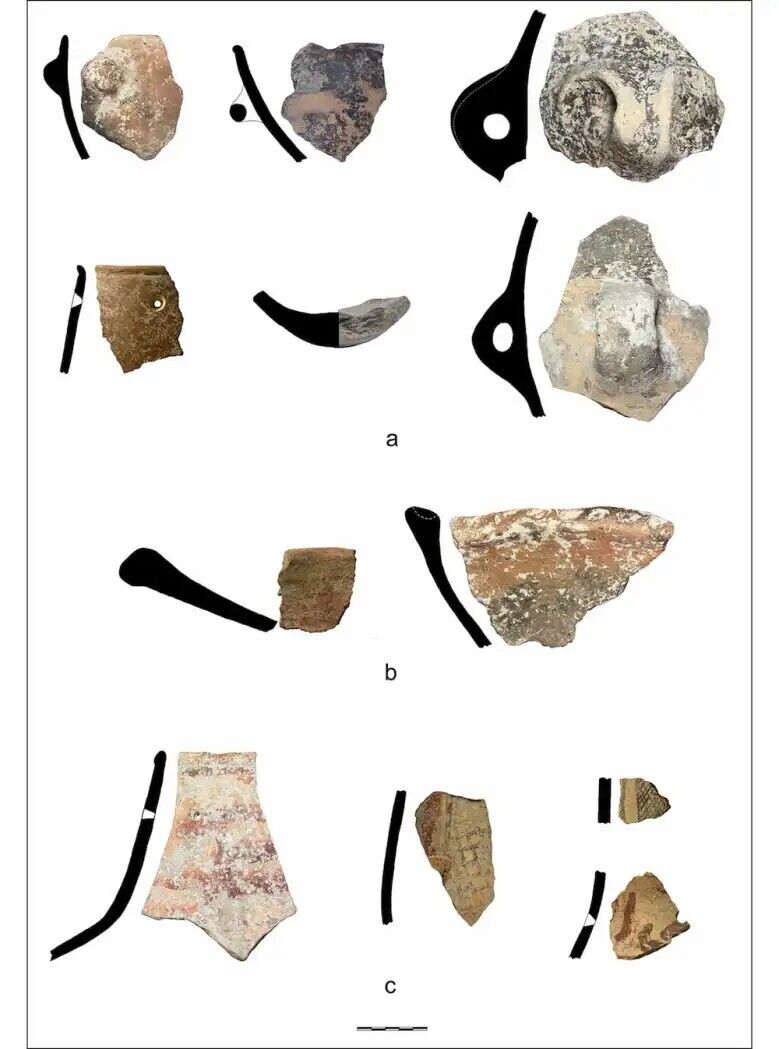 Final Neolithic pottery from Oued Beht: a) buff fabric bowls, jar (with post-firing hole), large tunnel lugs and round base; b) red-brown fabric cooking vessels; c) painted sherds (scale bar = 50mm)