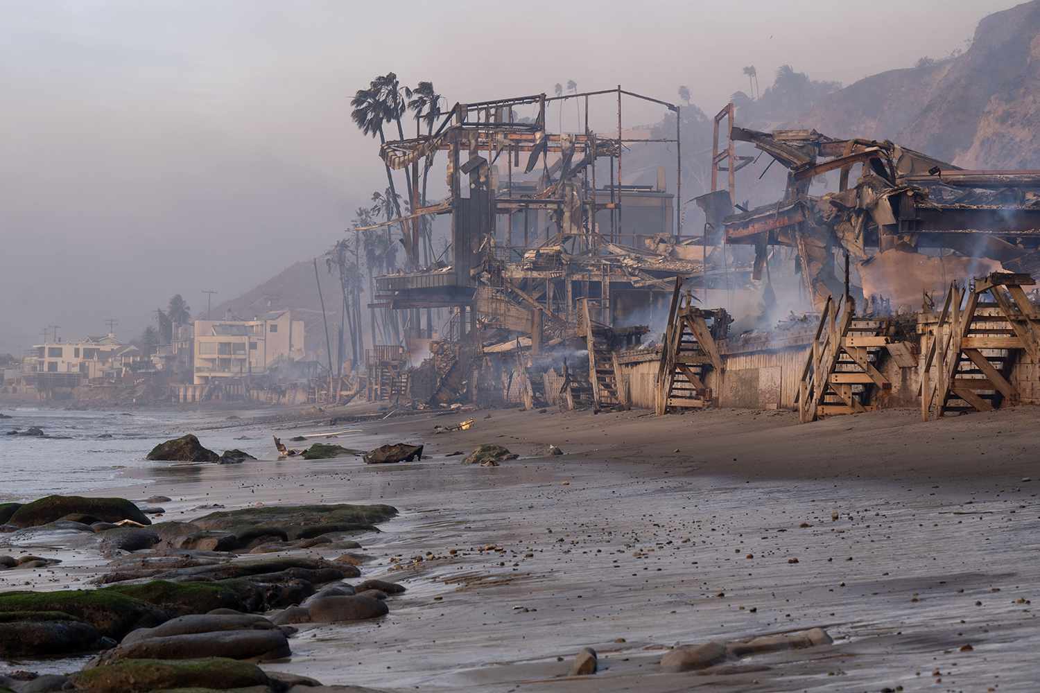 Beachfront homes destroyed by the wildfires in Malibu, California, on Jan. 8, 2025.