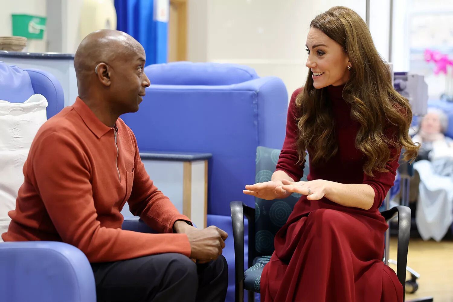 Kate Middleton speaks with Peter Burton at The Royal Marsden Hospital in London on Jan. 14, 2025.