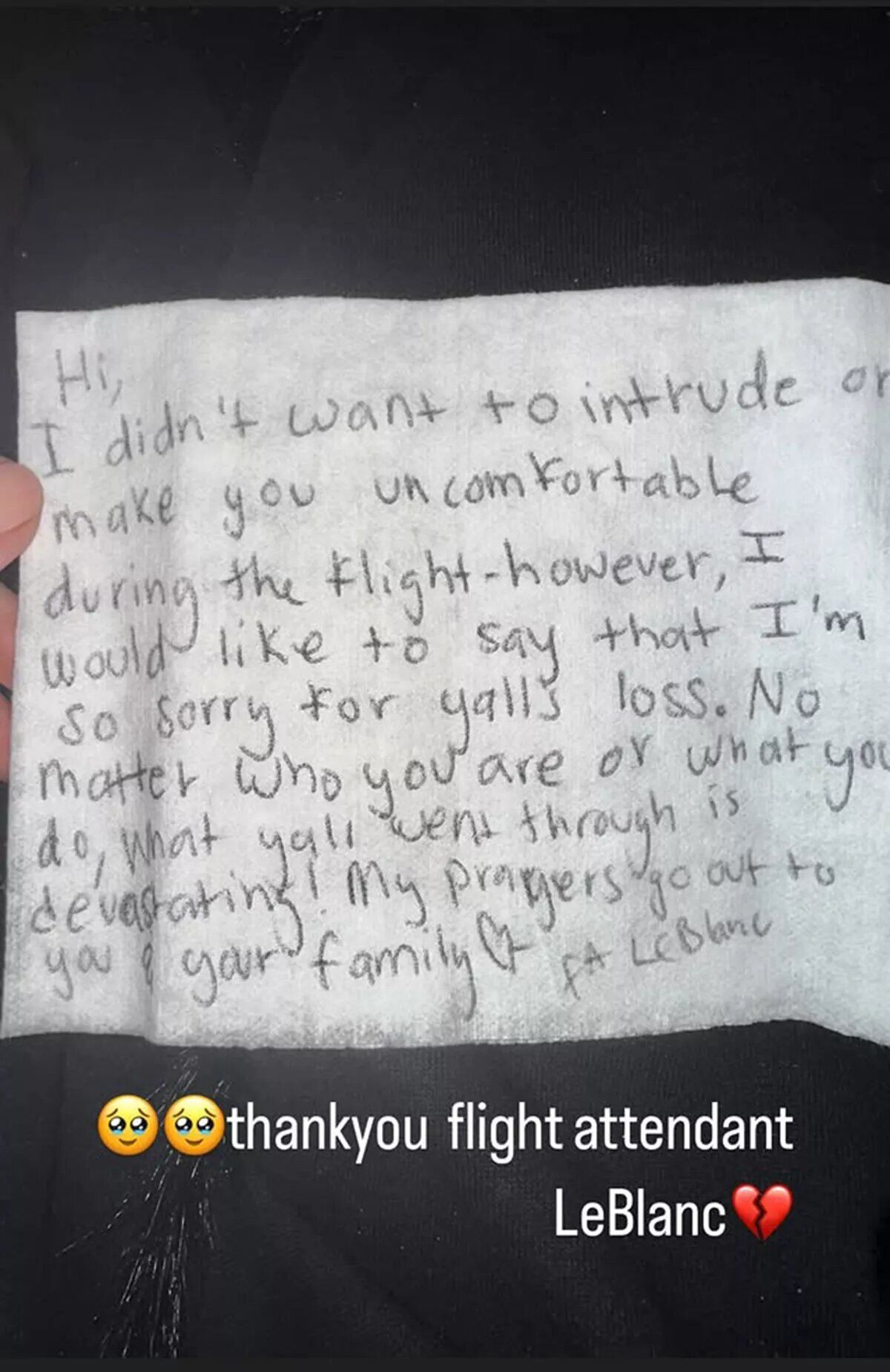 The handwritten note Keleigh Teller received from an American Airlines flight attendant.