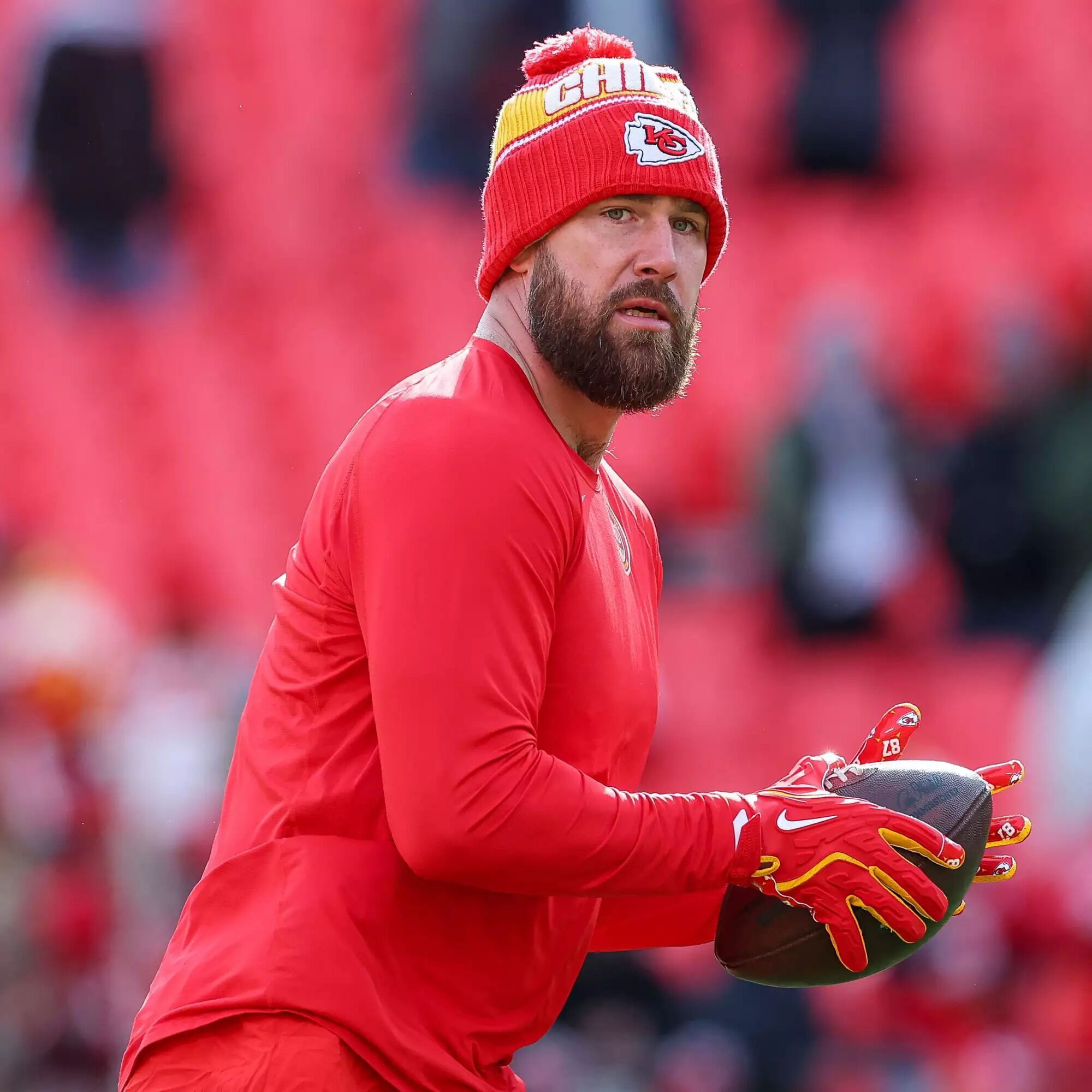 Travis Kelce warming up ahead of the Chiefs game against the Houston Texans on Jan. 18, 2025.