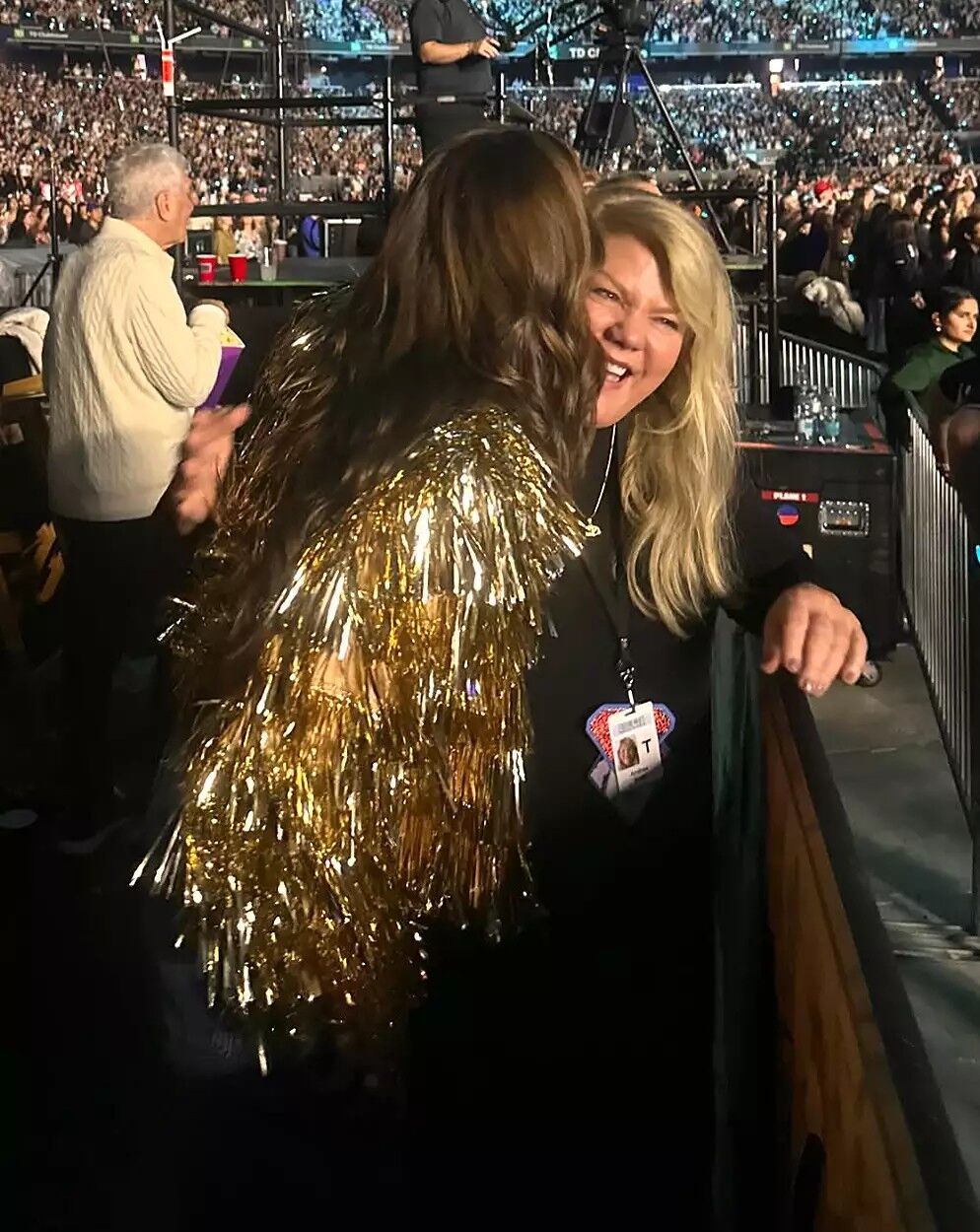 Brooke Shields and Andrea Swift sharing a hug at the Eras Tour.