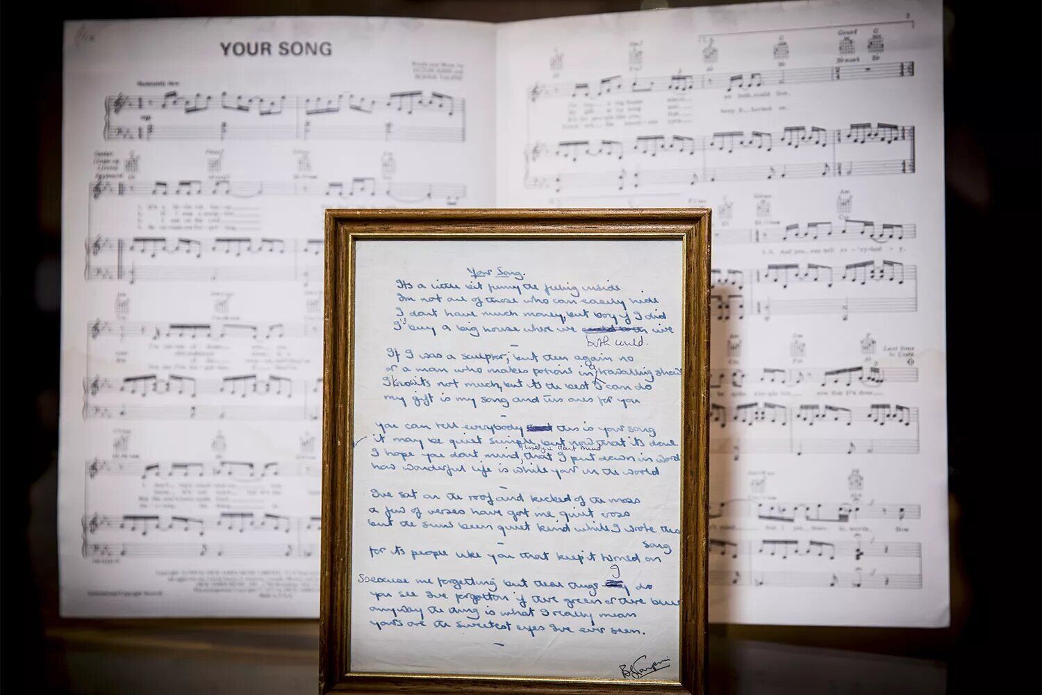 Original handwritten lyrics by Bernie Taupin to Elton John's 'Your Song' at Bonhams in Oct. 2018 in London.