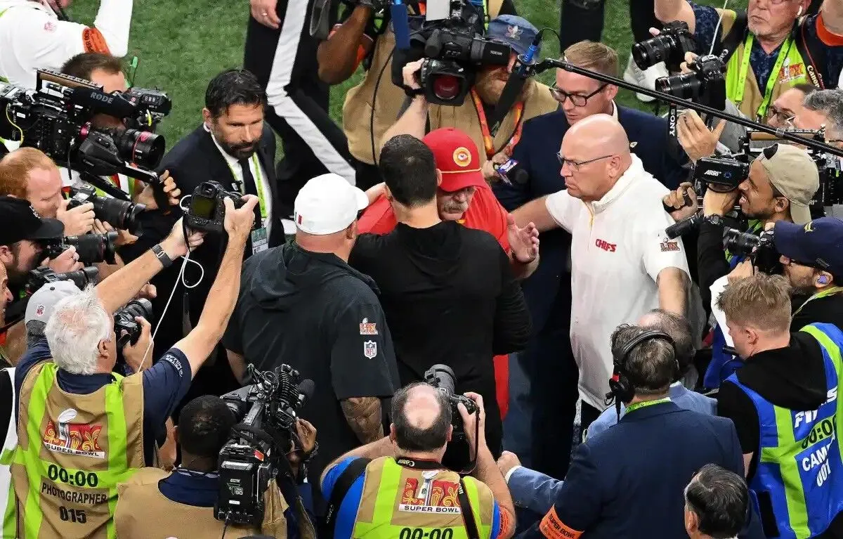 Kansas City Chiefs’ head coach Andy Reid and Philadelphia Eagles’ head coach Nick Sirianni hug after the Philadelphia Eagles won Super Bowl LIX against the Kansas City Chiefs at Caesars Superdome in New Orleans, Louisiana, February 9, 2025