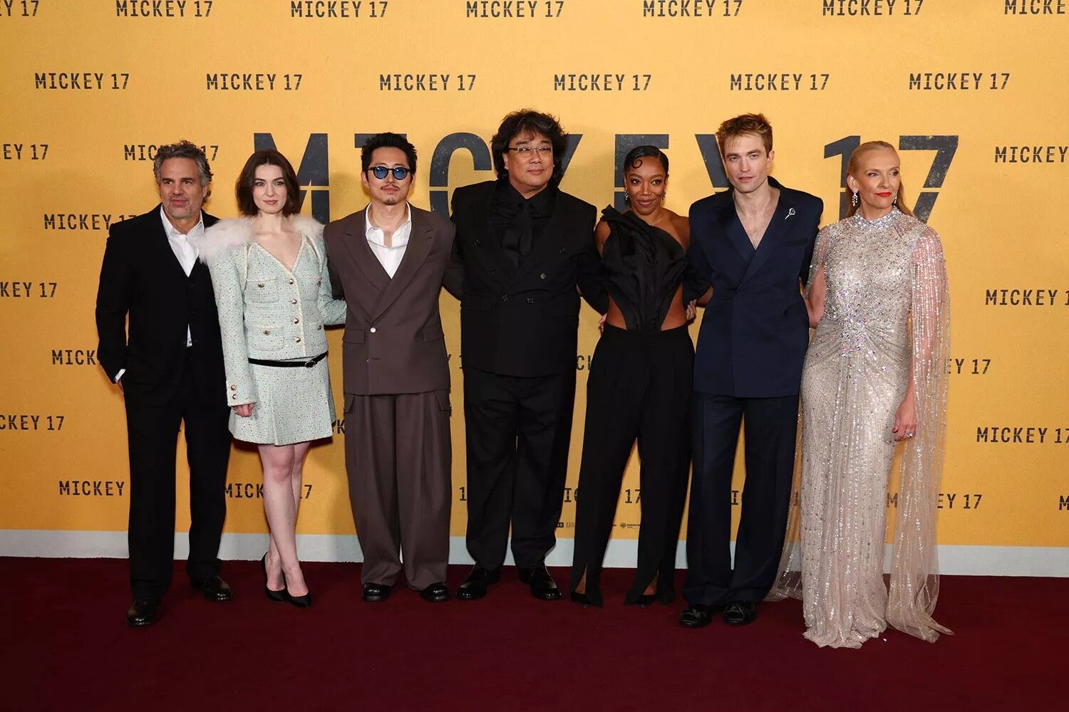 (L-R) Mark Ruffalo, Anamaria Vartolomei, Steven Yeun, Naomi Ackie, Robert Pattinson and Toni Collette on February 13, 2025 in London, England.