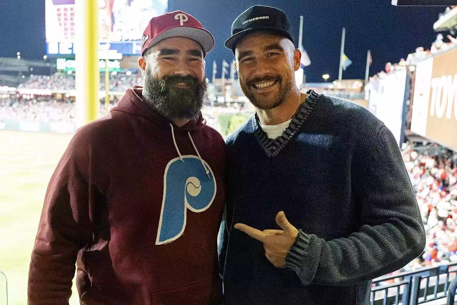 Jason and Travis Kelce at Citizens Bank Park on Monday, October 16, 2023 in Philadelphia, Pennsylvania.