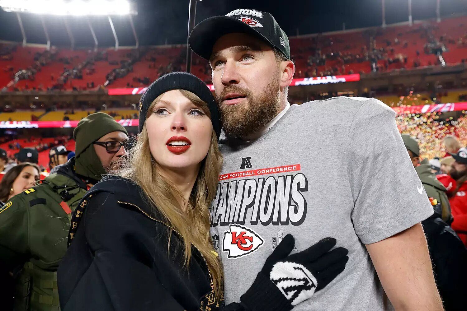 Taylor Swift and Travis Kelce on January 26, 2025 in Kansas City, Missouri.