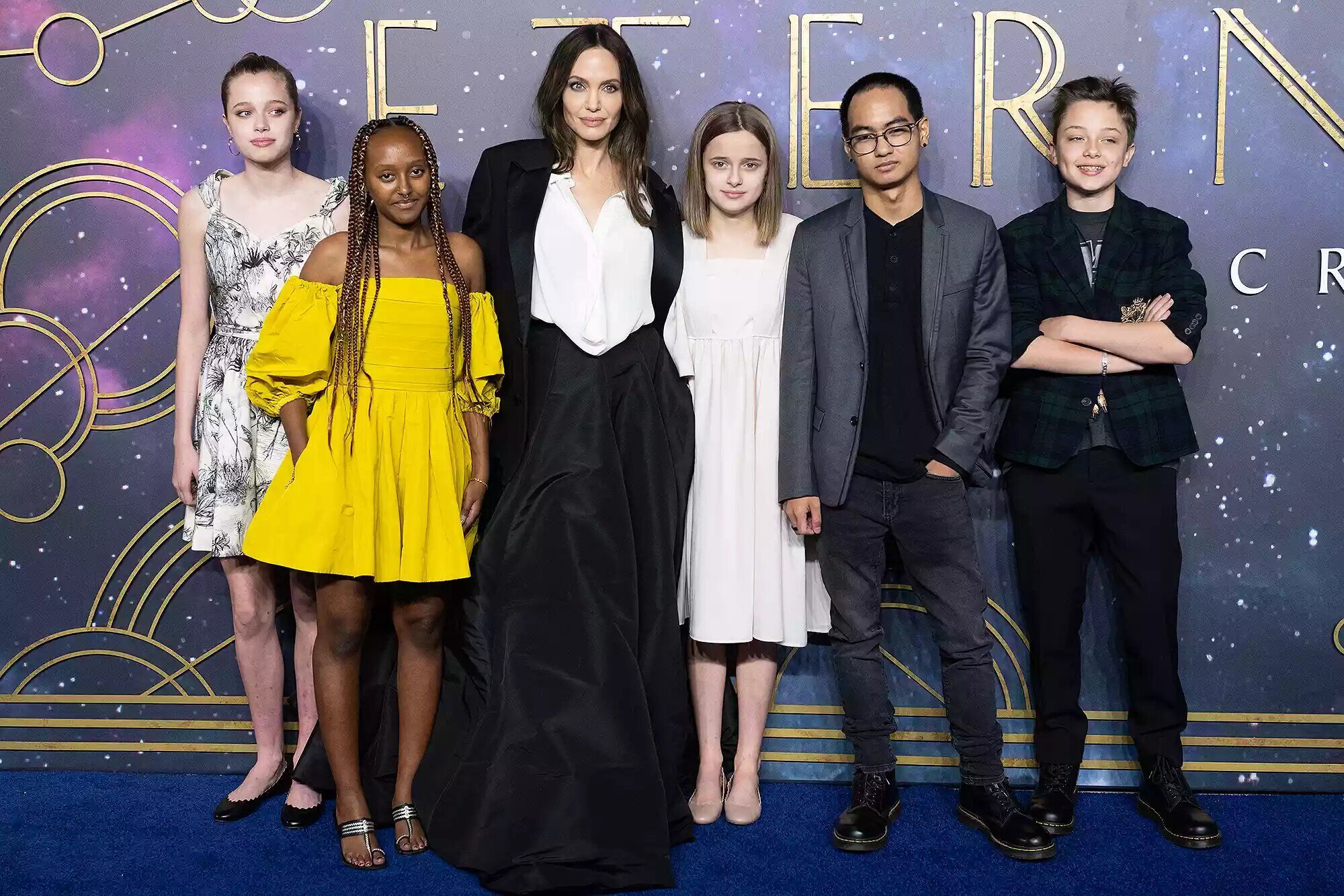 From left: Shiloh, Zahara, Angelina Jolie, Vivienne, Maddox and Knox at the 2021 London premiere of 'The Eternals'.