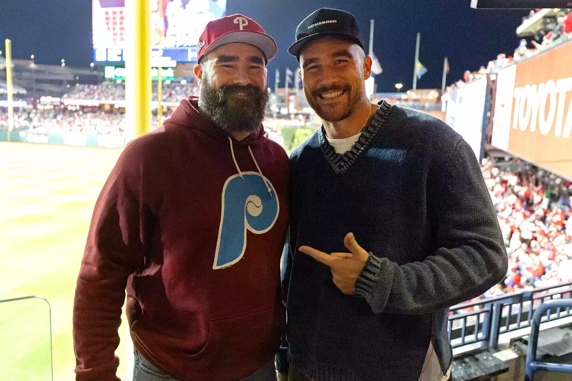 Jason and Travis Kelce at Citizens Bank Park on Oct. 16, 2023