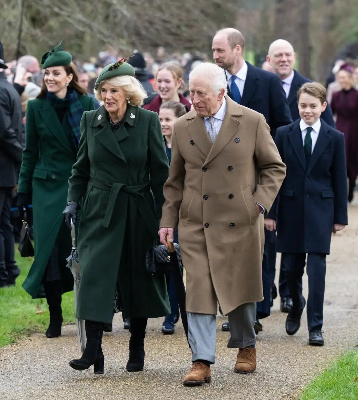 Catherine, Princess of Wales, Queen Camilla, Princess Charlotte of Wales, King Charles III, Prince William, Prince of Wales and Prince George of Wales attend the Christmas Morning Service at Sandringham Church on December 25, 2024.