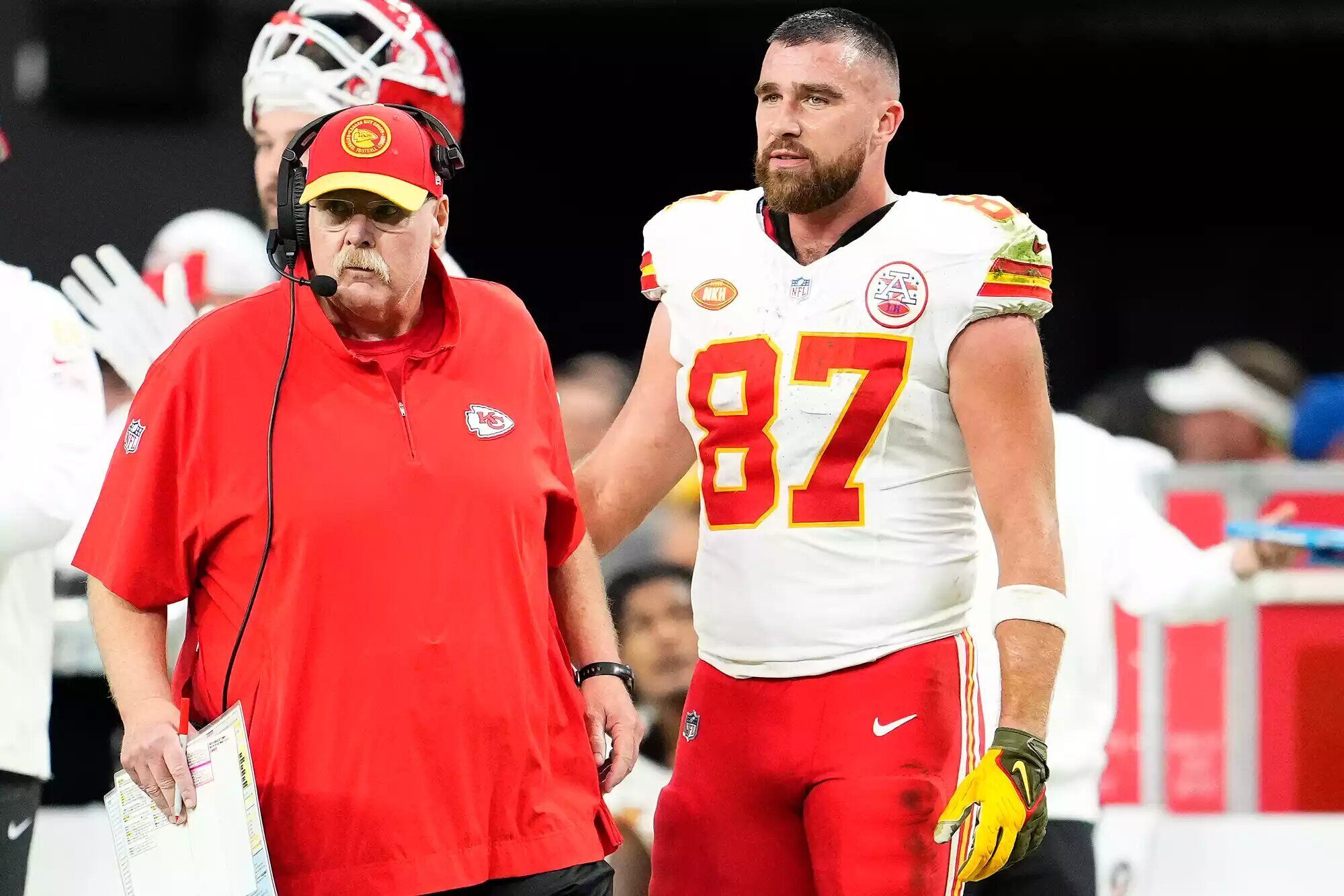 The head coach and tight end at a game in Las Vegas on Nov. 26, 2023