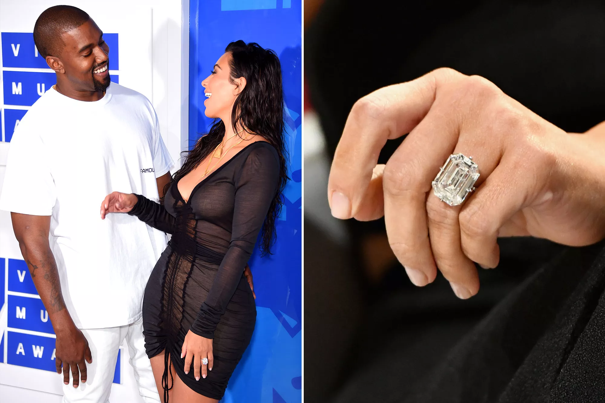 Kanye West and Kim Kardashian attend the 2016 MTV Video Music Awards on August 28, 2016 in New York City. ; Kim Kardashian-West ring detail.