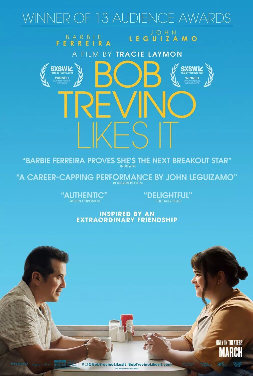 John Leguizamo and Barbie Ferreira on the poster for Bob Trevino Likes It (2025).