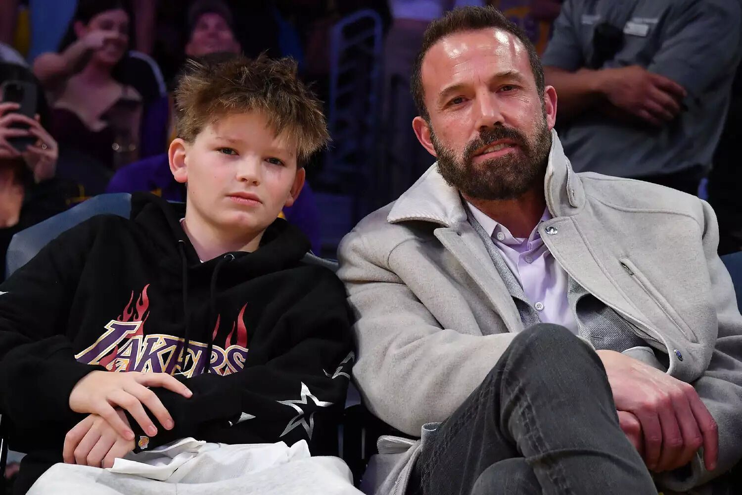 Ben Affleck and Samuel Garner Affleck attend a basketball game between the Los Angeles Lakers and the Minnesota Timberwolves at Crypto.com Arena on February 27, 2025 in Los Angeles, California.