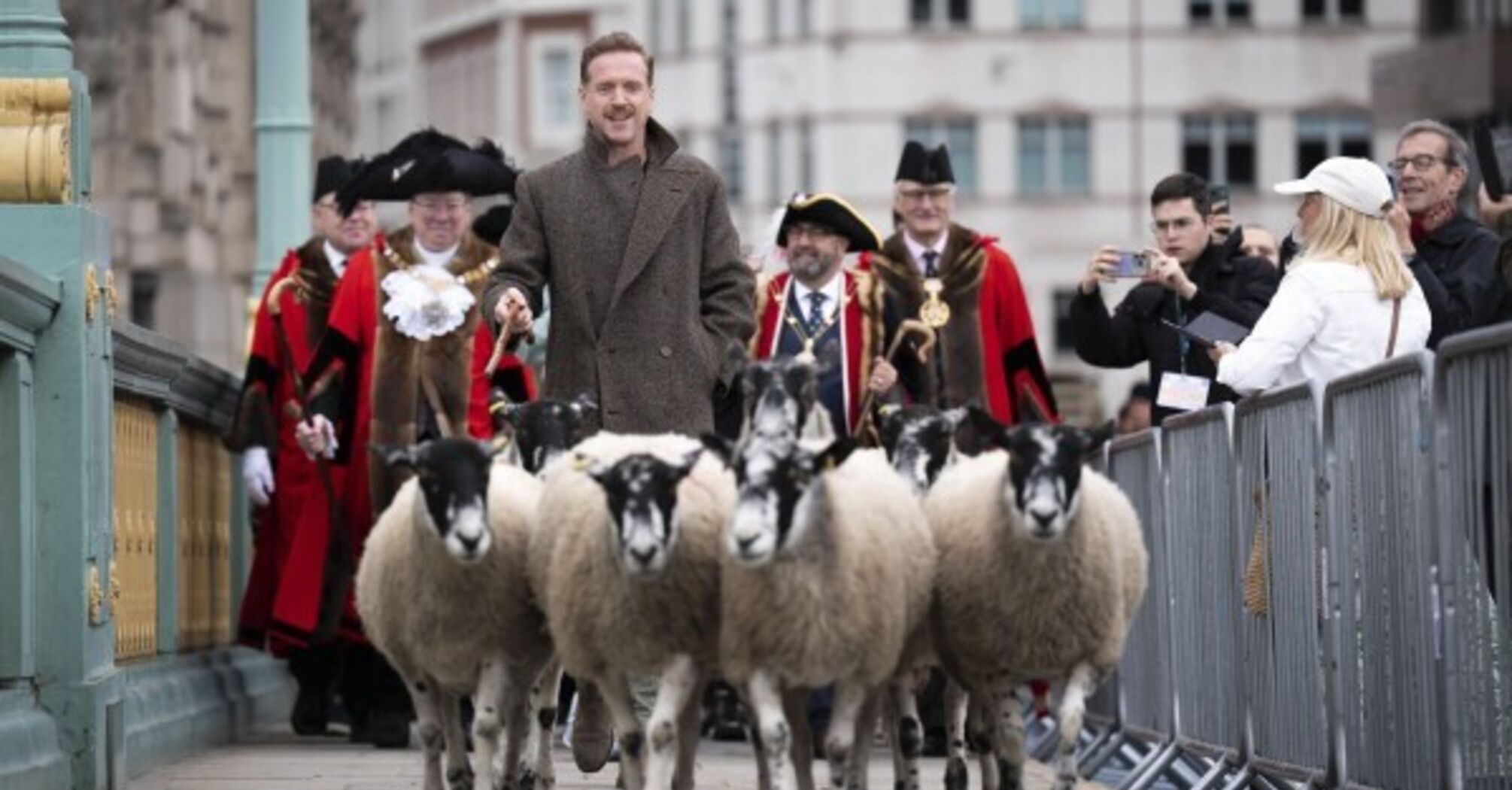 Damian Lewis Honors Tradition by Herding Sheep Across London’s Bridge