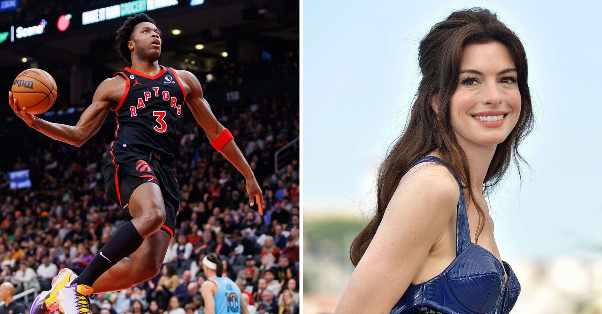 Knicks Player Ogugua Anunoby Almost Crashes Into Anne Hathaway at a New York Knicks Game