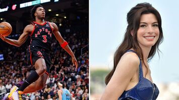 Knicks Player Ogugua Anunoby Almost Crashes Into Anne Hathaway at a New York Knicks Game
